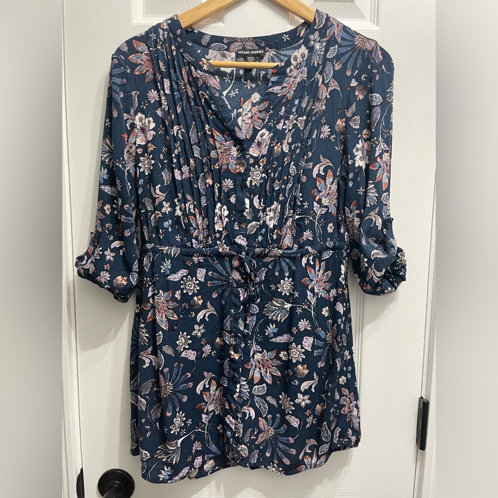Hilary Radley Tunic Paisley Womens Top Long Sleeve Blue Green Floral Boho Medium